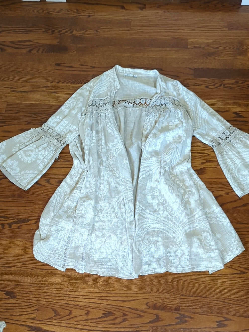 Cotton Bell Sleeves Crochet Inlays Cream Lightweight Flowy Open Duster Boho XL - Picture 8 of 11
